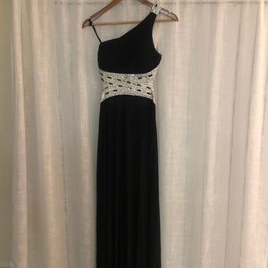 Black one shoulder, open back prom dress